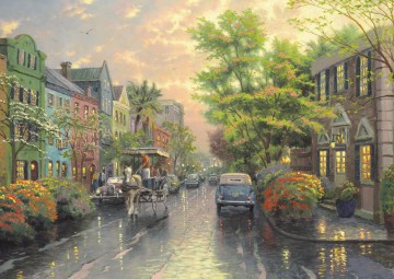 Charleston Coucher de soleil sur Rainbow Row Thomas Kinkade Peinture à l'huile